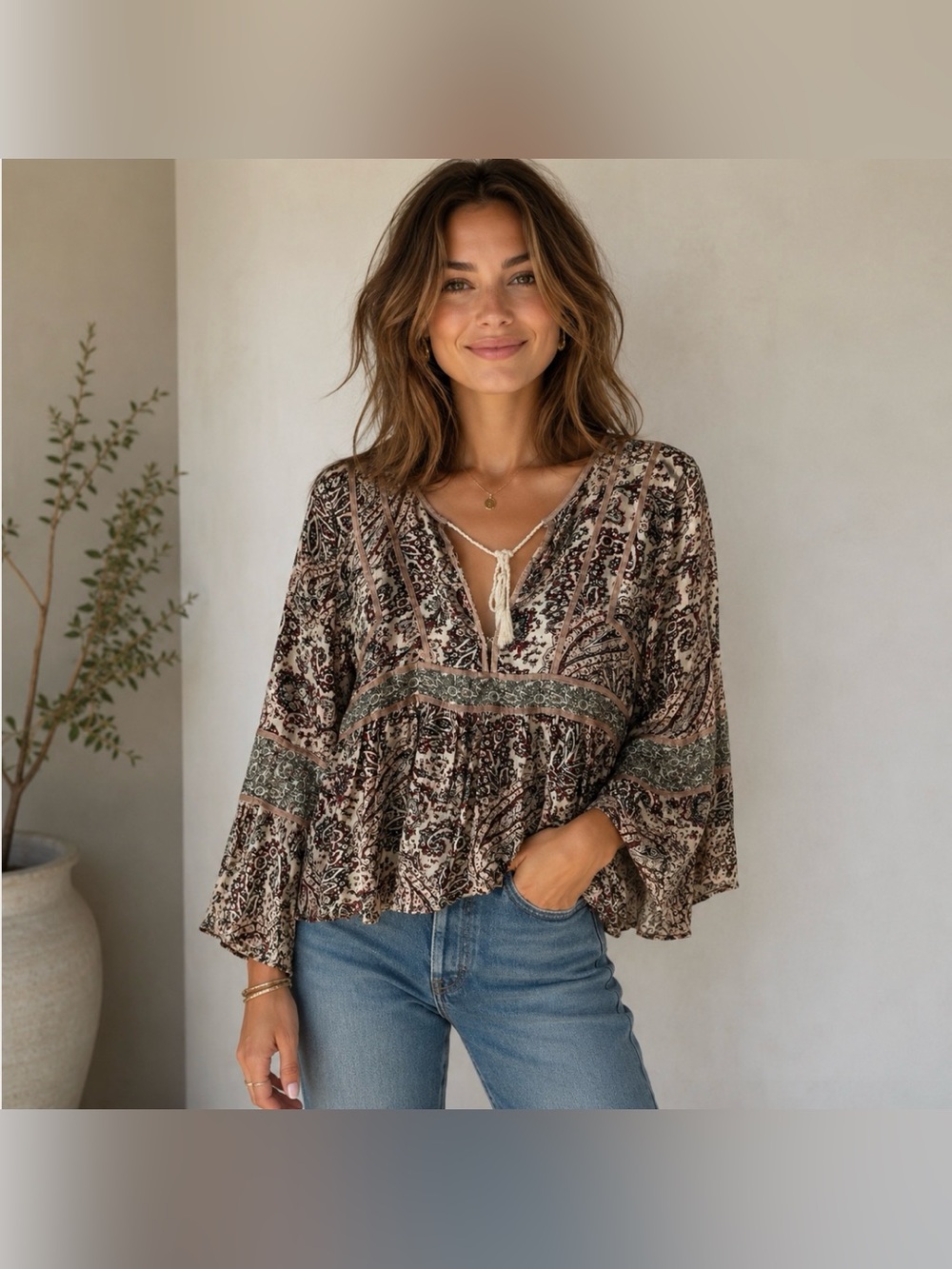 American Eagle XS Paisley Print Long Sleeve Blouse Mauve Pink White Red Black